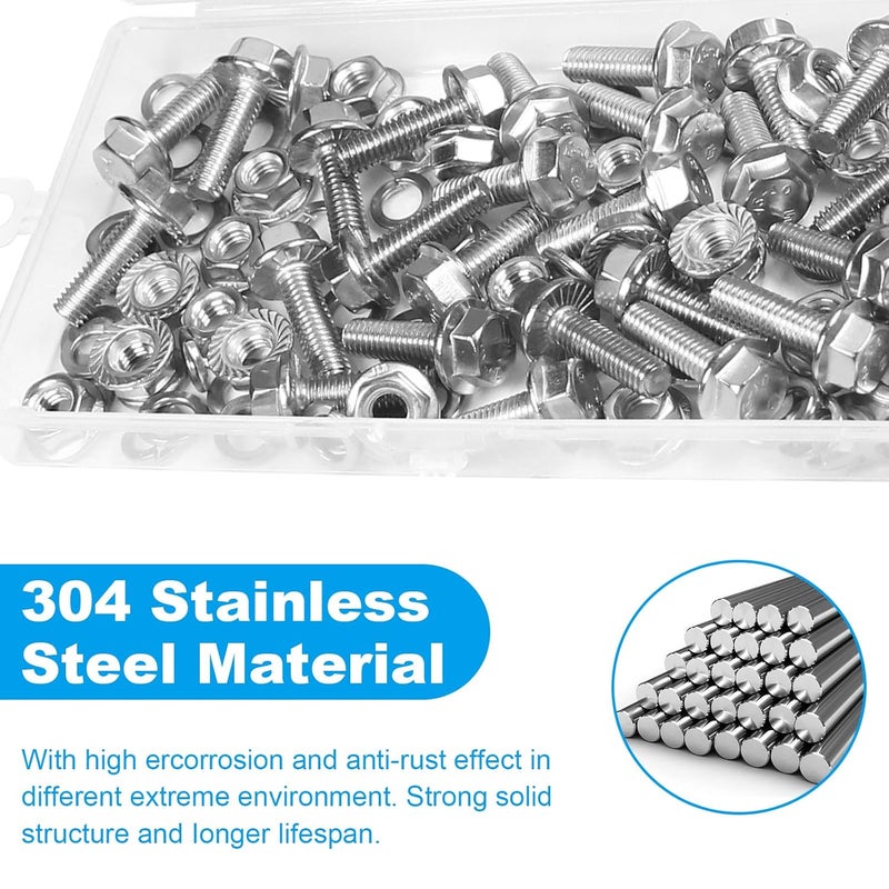 Yinpecly 25 Sets M6-1.0 x 20mm Flanged Hex Head Bolts Kits, M6 Flange Hexagon Screws and Nuts,Flat & Spring Lock Washers,18-8 (304) Stainless Steel,Metric Bolt Assortment, Fully Threaded - Image 4